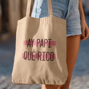 ay papi que rico funny tote bag