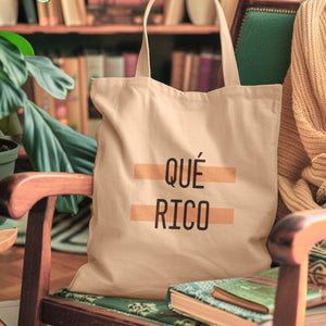 qué rico funny tote bag